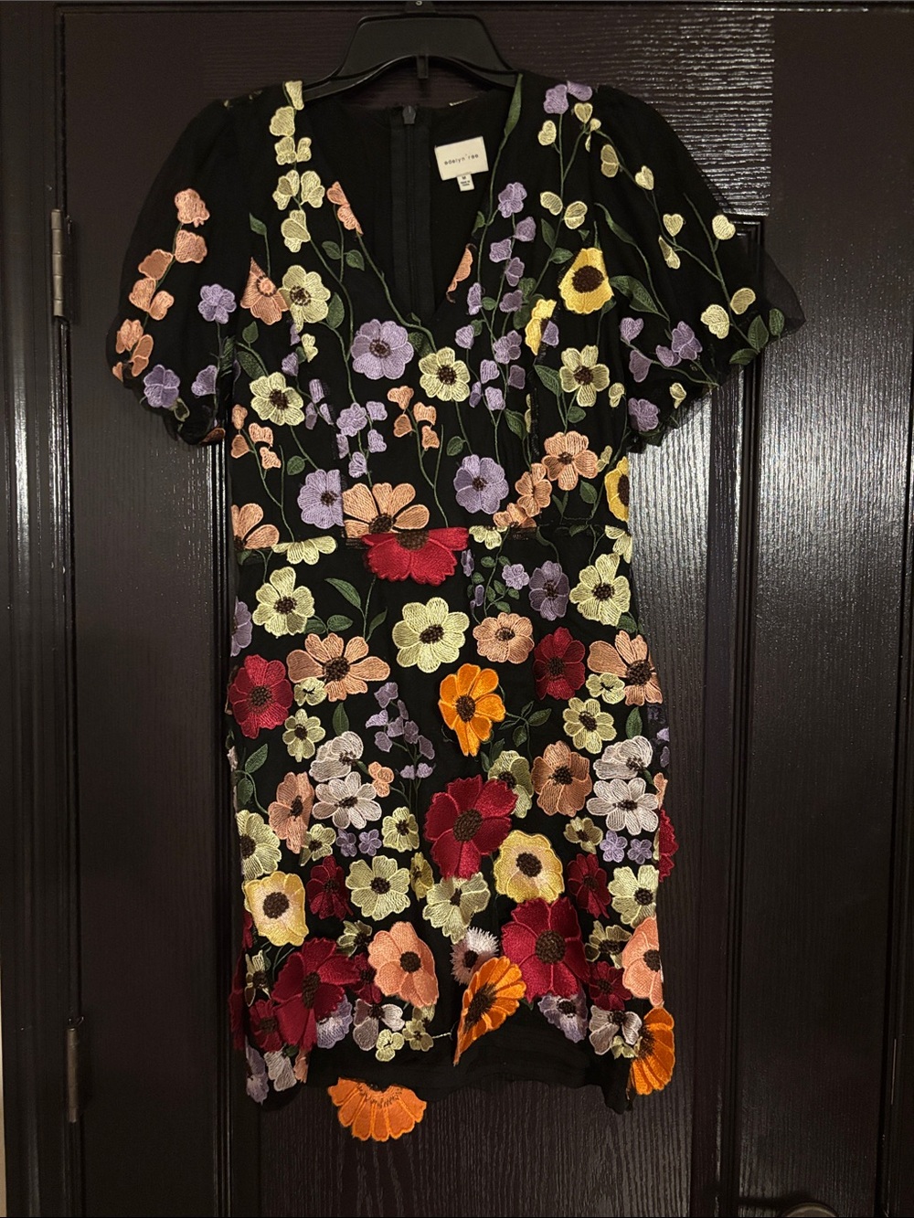 Floral Embroidered Black Short Dress with Multicolor Blooms